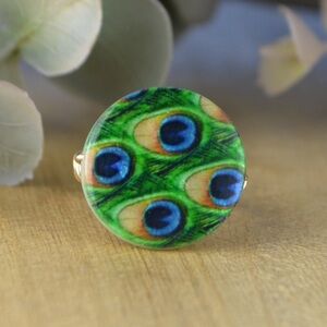 Handmade Peacock Feather Glass Ring Gold Filled Wire Wrap Statement Boho Artisan